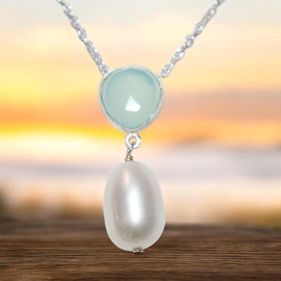Genuine Aqua Chalcedony and Cultured White Freshwater Pearl Necklace - Picture 2 of 5
